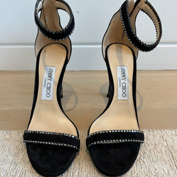 JIMMY CHOO DOCHAS 100 crystal-embellished suede sandals, black - Picture 1 of 3